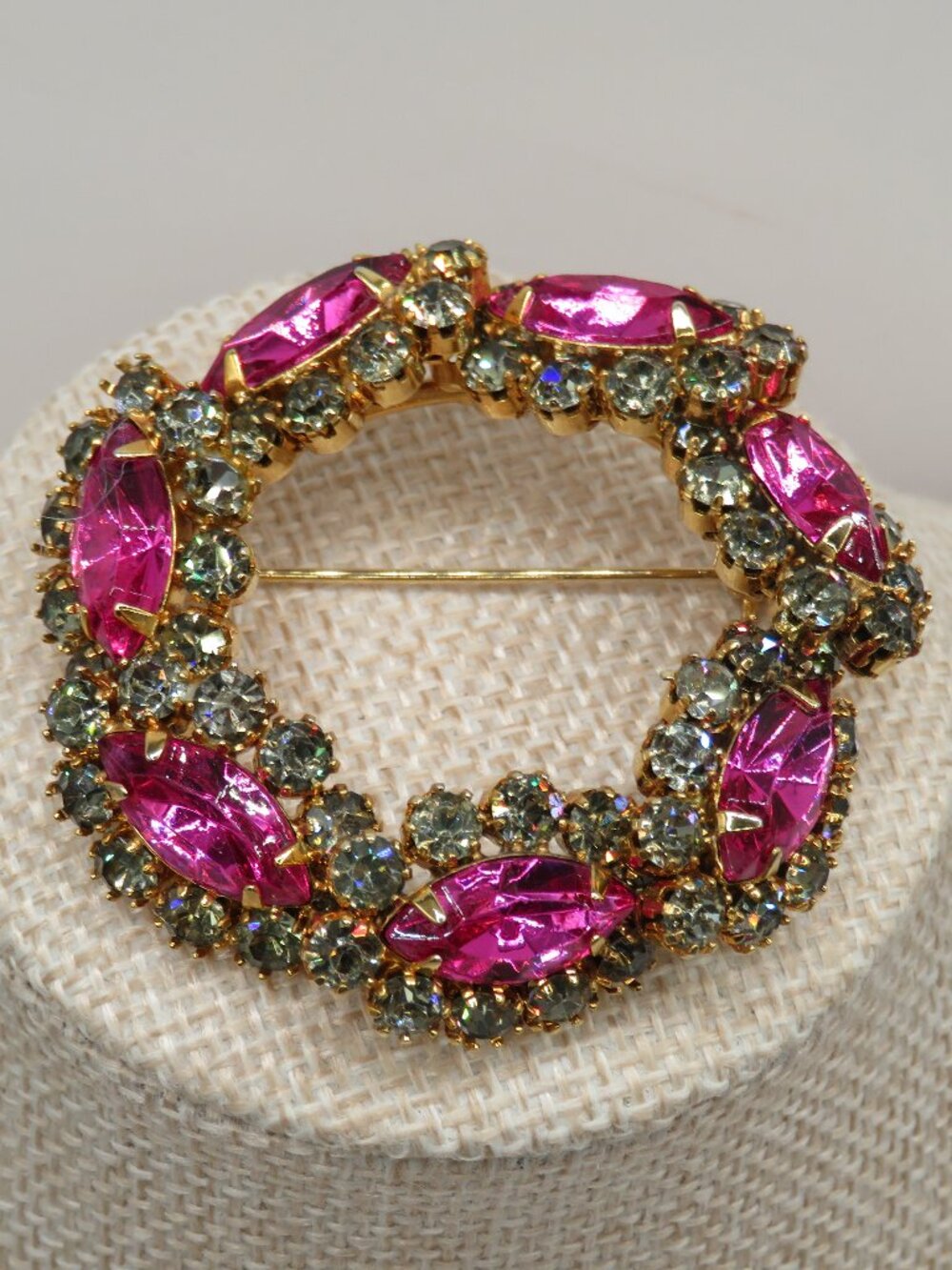 Vintage Pink and Gray Rhinestone Gold Tone Brooch and Clip-On Earrings Set - Picture 3 of 8